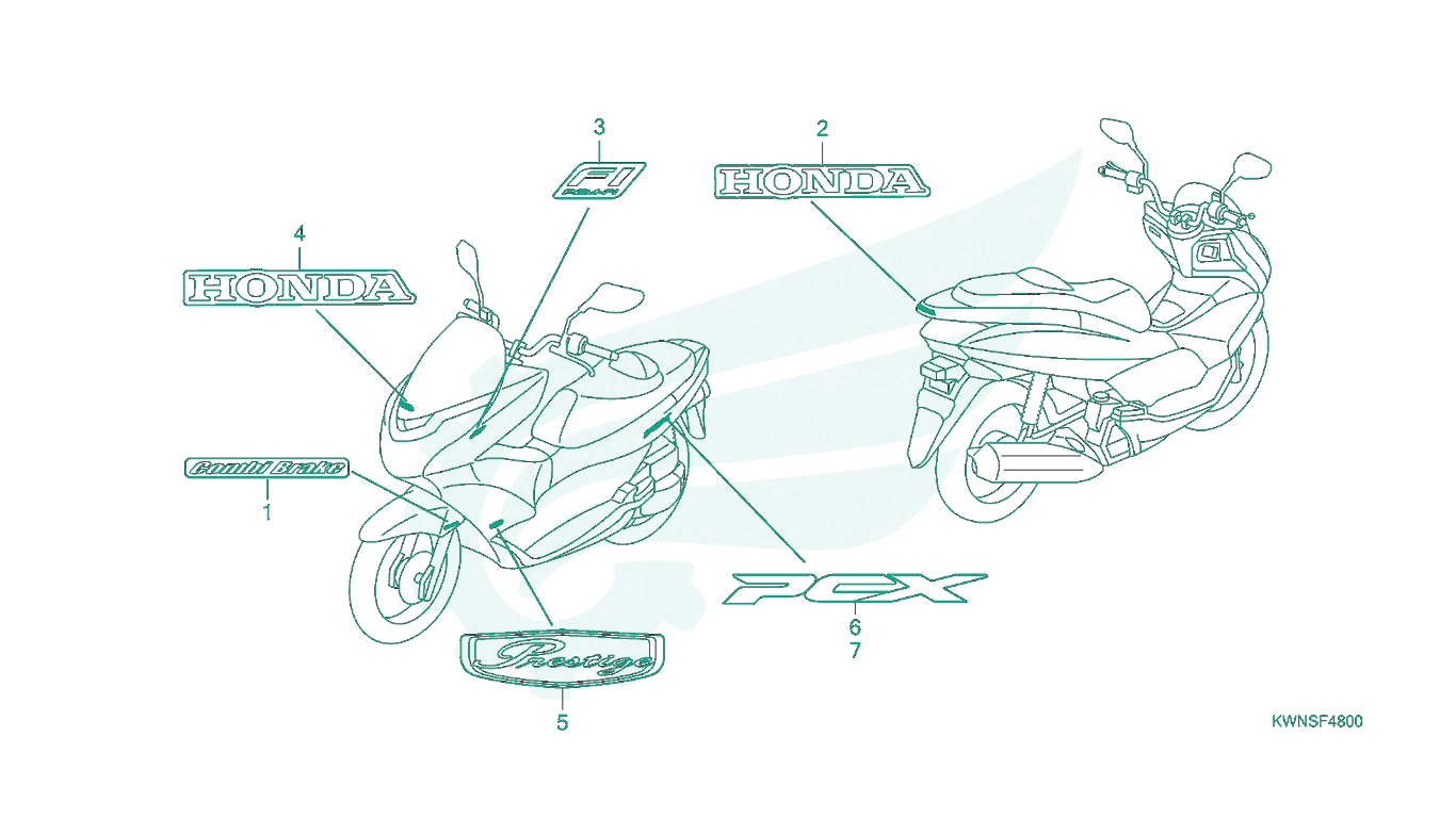 Sơ đồ phụ tùng Honda - BỘ PHỤ TÙNG F - 48 CATALOGUE TEM XE / BIỂU TƯỢNG HONDA PCX (08 / 2010 - 08 / 2012)